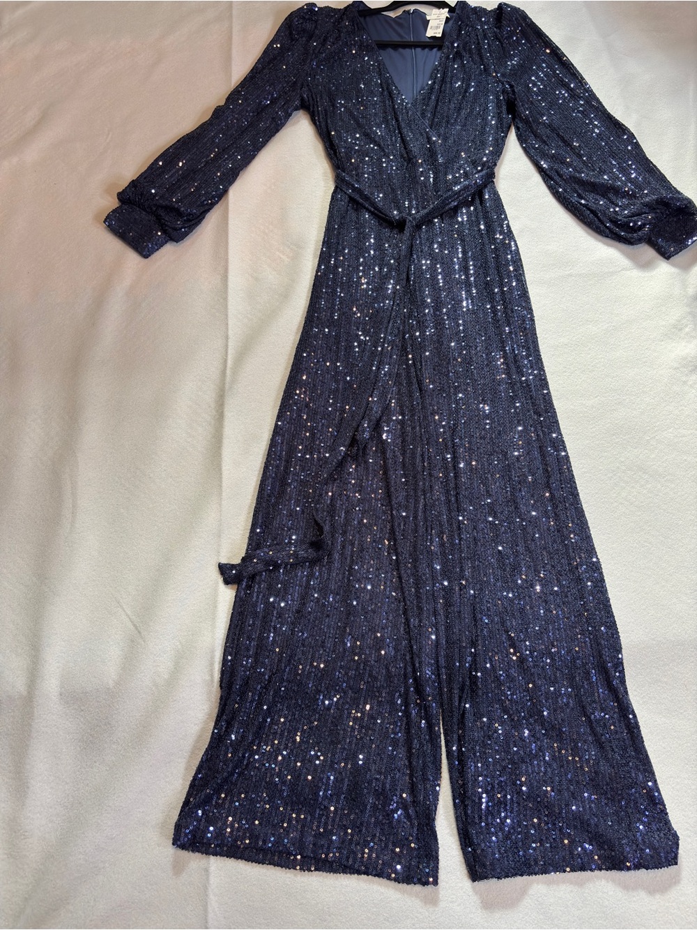 Skies Are Blue Sequin Jumpsuit Navy Women’s M Tie Waist Wide Leg Dressy Holiday - Picture 2 of 15